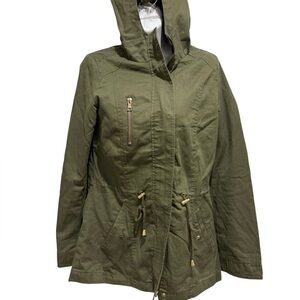 MISS LONDON Womens Anorak Drawstring Jacket Green Hooded Cotton Utility Small